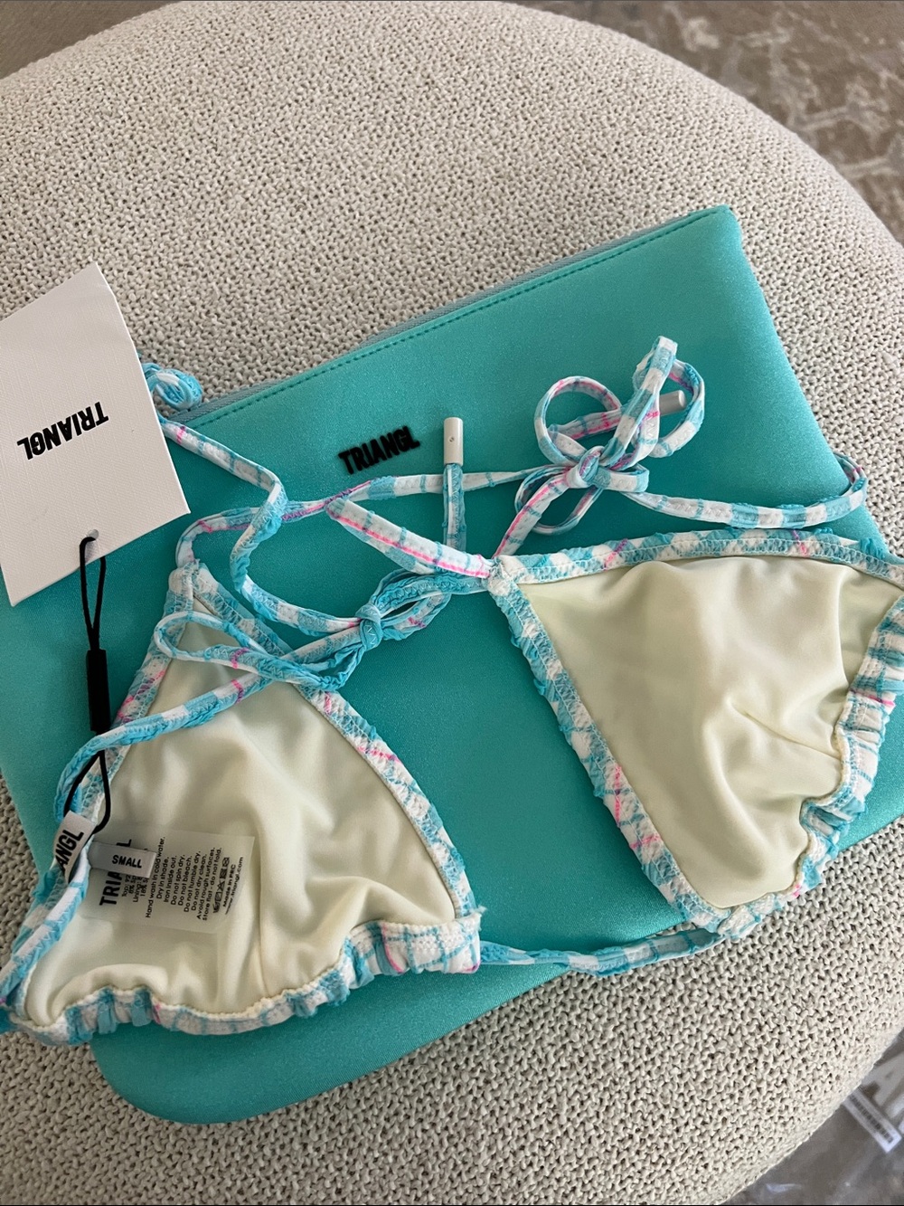 NWT triangl swimwear Blue Bloss Check Tie-Side Triangle Bikini size Small - Picture 12 of 15